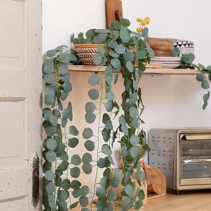 CQURE 48 Pack Artificial Eucalyptus Garland Faux Greenery Garland Eucalyptus Leaves Vines Table Runner for Wedding Party Backdrop Arch Wall Room Decor(336Ft)