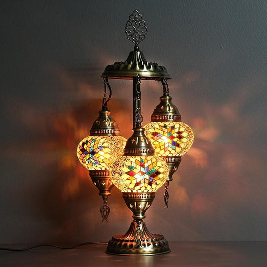 Asylove Turkish Lamp, 3 Globe Turkish Mosaic Table Lamp, Living Room and Office Decoration Lighting 5 inc Globe Total Dimesions 12 x 12 x 24 inch (Yellow Mix)
