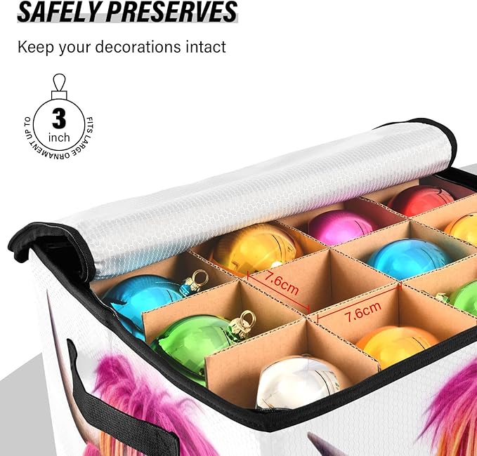 Kigai Highland Cow Christmas Ornament Storage Box with Zipper & Adjustable Dividers Holiday Ornament Organizer Xmas Storage Container, 64 Balls