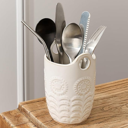 5.75" (H) Utensil Holder for Kitchen Counter, Cute Nordic Minimalist Style Cooking Utensil Holder and Crock Home Kitchen Decor, Ceramic Utensil Organizer for All kinds Spoon, Knife, Fork- Cream White