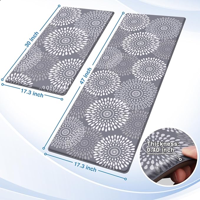 LuxStep Kitchen Mats for Floor,Cushioned Rug Anti-Fatigue Mats for Kitchen Decor Accessories,Waterproof Non-Slip Mats and Rugs Set for Office,Floor,Laundry 17.3"×30"+17.3"×47",Grey