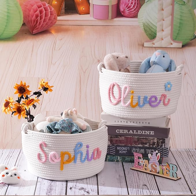 FKOG Baby Show Gift Basket, Personalized Cotton Rope Storage Basket, Baby Nursery Organizer with Custom Name, Newborn Baby Baptism Gift (Mix Color Basket)