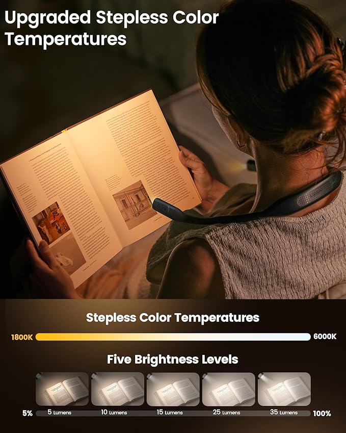 Glocusent Neck Book Light, 1200mAh Rechargeable Neck Reading Light, Hands Free Book Lights for Reading at Night, 5 Colors & 5 Brightness, Private Lightweight Book Reading Light in Bed for Book Lovers