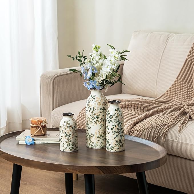 for Mom from Daughter or Son, Ceramic Vase Set of 3, Vintage Green & Beige Chinoiserie Floral Vases, Rustic Grandmillennial Farmhouse Decor for Living Room, Kitchen, Bedroom