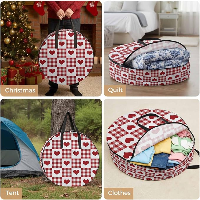 Valentine's Day Round Storage Bag 24 Inch, Red Heart Buffalo Plaid Red White Clothes Storage Container with Handles Heavy Duty Organizer for Comforter, Bedding & Holiday Wreaths