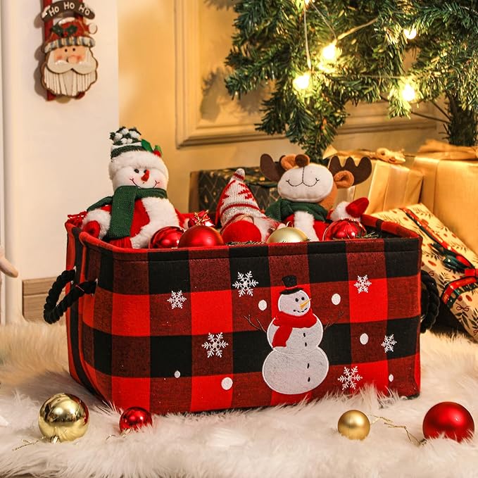 INough Christmas Baskets, Large Red Buffalo Plaid Collapsible Storage Basket with Handles, Empty Holiday Gift Basket for Toys, Blankets, Baby Items and Christmas Home Decorations