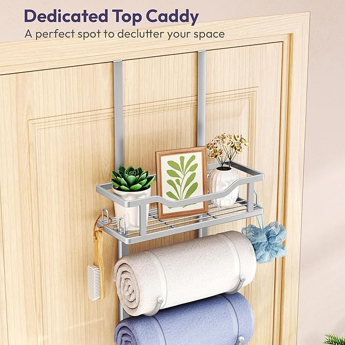SWTYMIKI Over the Door Towel Rack - 9 Tier Towel Racks for Bathroom Wall Mounted, Towel Holder with Shelf, Hanging Rolled Towel Storage Organizer for Small Bathroom, Camper, RV, Sliver