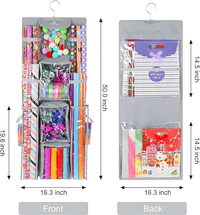 Freegrace Double-Sided Hanging Gift Wrap Organizer - Large 16 x 41 Inch Wrapping Paper Storage Bag - Tearproof 600D Oxford Closet Gift Bag & Ribbon Organization Storage Caddy, Gray