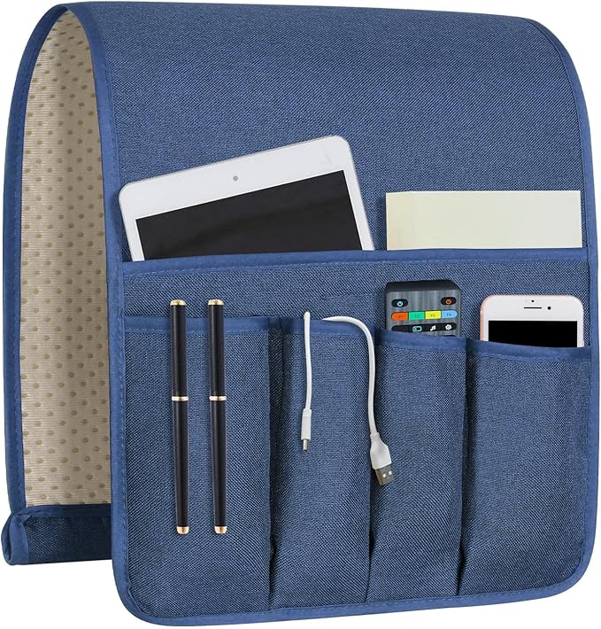 NB Sofa Armrest Organize Remote Holder Bedside Caddy Organizer With 5 Pockets，Non-Slip Couch Remote Control Holder Couch Armchair Caddy Accessories (Blue, 35"X12.4")
