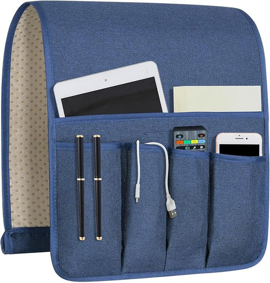 NB Sofa Armrest Organize Remote Holder Bedside Caddy Organizer With 5 Pockets，Non-Slip Couch Remote Control Holder Couch Armchair Caddy Accessories (Blue, 35"X12.4")