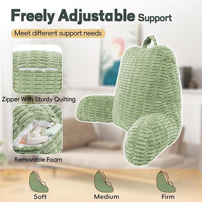21" Higher Large Reading Pillow for Bed Adult, Back Pillow for Bed Sitting Up with Memory Foam Back Support with Arms Rest for Couch Chair Sage Green