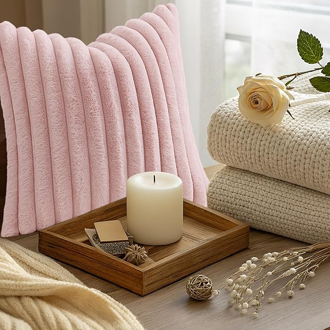decorUhome Summer Cozy Faux Fur Throw Pillow Covers 20x20 Set of 2 Decorative Soft Plush Striped Modern Farmhouse Boho Couch Pillow Cases with Velvet Back for Sofa Bed Living Room, Pink