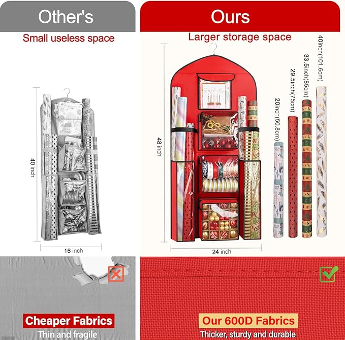 Woodoulogy Hanging Gift Wrapping Paper Storage, 48x24 (Extra Large) Red Double-Sided Christmas Wrapper Bag Container, Oxford Long Craft Roll Organizer, Present Wrap Holder for Closet, Door