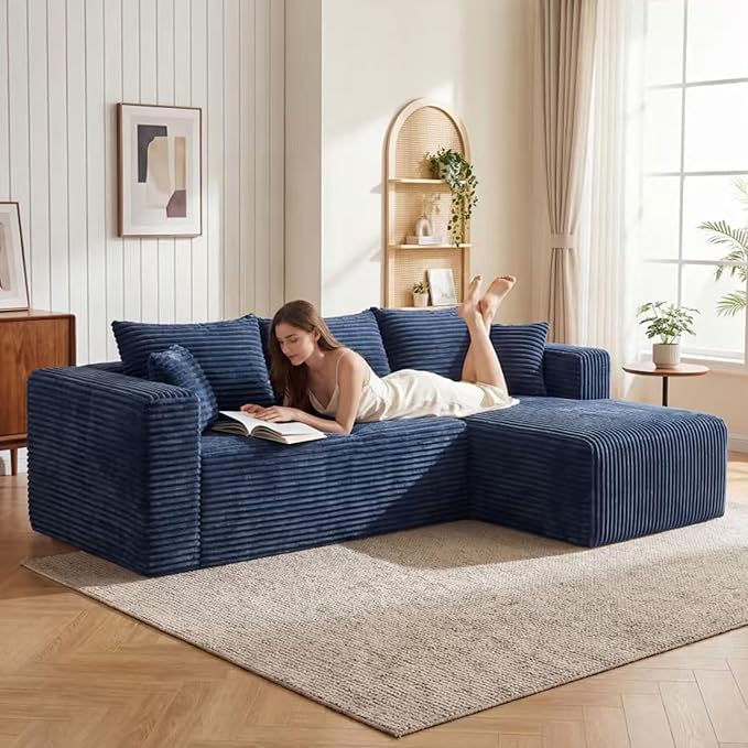 Modular Sectional Sofa, Boneless Compressed Sofa in a Box, L-Shaped Cloud Couch with Deep Seats & Chaise for Living Room, No Assembly Required (Blue, 92.5" L-Shape with Right Facing Chiase) | Boneless Compressed, Sofa in a Box, Cloud Couch, Deep Seats,...
