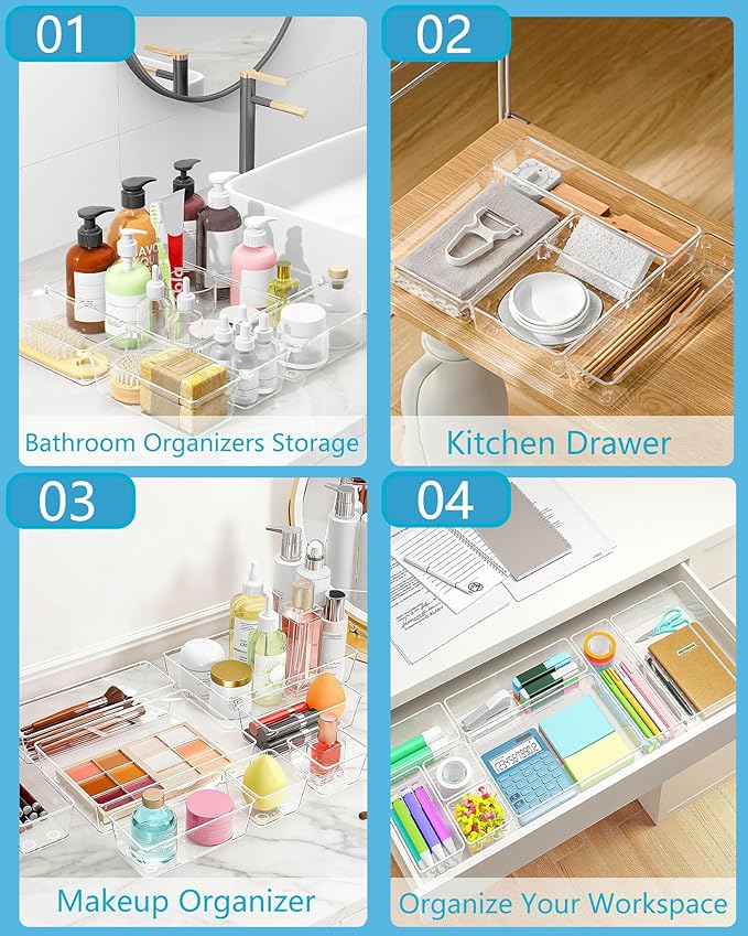 Clear Drawer Organizers Set of 44, 4-Size Vanity Organizer Trays, Stackable Bathroom & Desk Drawer Organizer for Makeup, Jewelry, Kitchen Utensils, Office Supplies and Small Gadgets Storage
