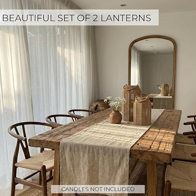 Natural Jute Boho Lanterns - Handcrafted Coffee Table Decor to Enhance Your Home - Modern Decorative Farmhouse Beauty for Living Room, Patio & Front Porch, Indoor and Outdoor or Kitchen Dining Table