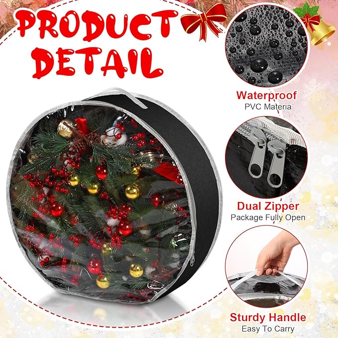 Aliceset 4 Pack Wreath Storage Containers, Ornament Garland Wreath Storage Bags with Handle Zipper Decorative Storages Box for Winter Valentine Wreaths(30 x 30 x 7.8 Inch,Black)