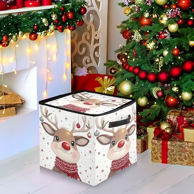 Red Green Buffalo Plaid Christmas Ornament Storage Basket Box Reindeer Snowflake Bells Holiday Storage Container Cube with Adjustable Dividers for 64 Holiday Ornaments or Decorations