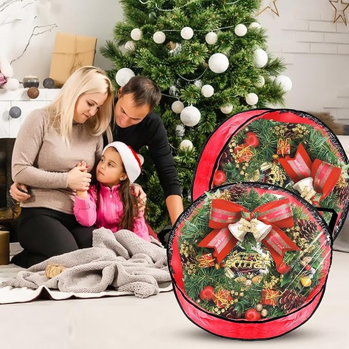 YAYODS 6 Pack Wreath Storage Container Bag 30 Inch Christmas Wreath Storage Bag Heavy Duty Christmas Wreath Boxes with Clear Window for Xmas Holiday Seasonal Wreath Garland(Red)
