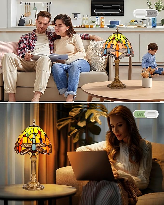 8" Tiffany Style Table Lamp, Dragonfly Small Stained Glass Night Lamp, Handmade Desk Bedside Antique Light for Living Room, Bedroom and Study, Ideal Art Gift for Family & Friends