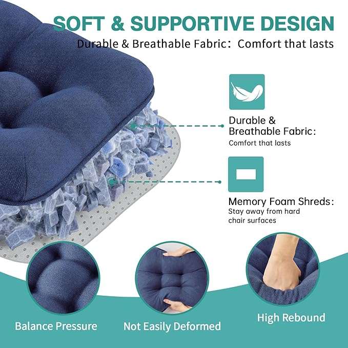 BETU Chair Cushions for Dining Chairs Set of 2,3.5" Thick Kitchen Table Chair Pads with Ties,Non Slip Backing and Covers, Seat Cushion for Dining Room,Bar,Patio Chairs,16"X16"X3.5",Navy Blue