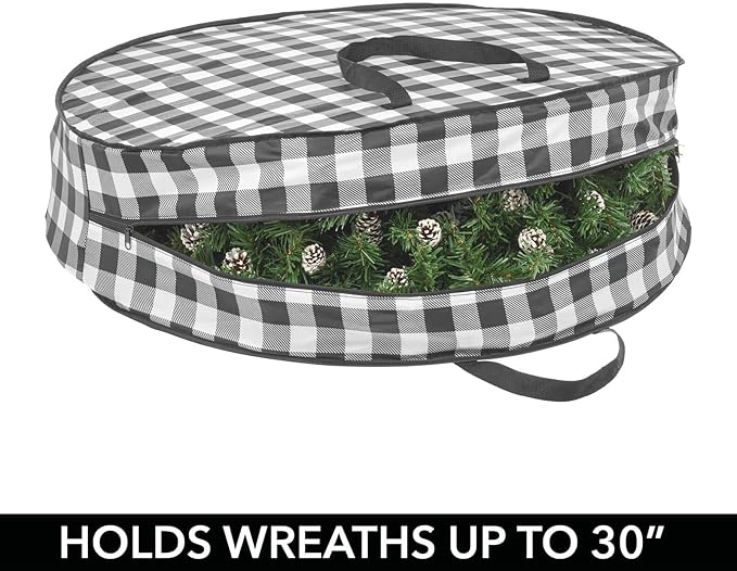 mDesign Round 30" Wreath Storage Container with Handles, Fabric Christmas Wreath Storage Bag, Protector, Garland Storage Bag Container, Holiday Decoration Organizer - 2 Pack, Buffalo Plaid Black/White