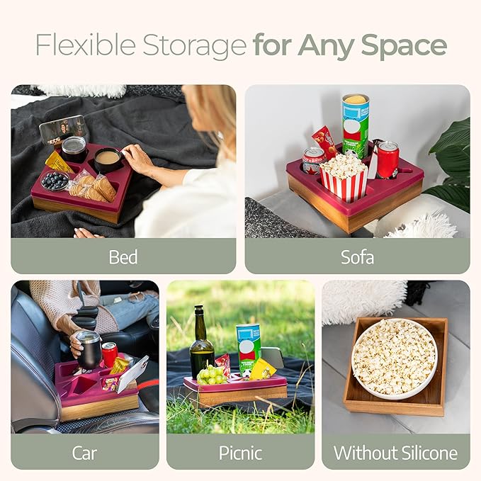 Silicone Couch Cup Holder Tray – Silicone Acacia Couch Caddy with Cup Holder & Phone Stand – Waterproof Anti-Spill Snack & Bed Caddy Organizer Sofa Tray for Drinks, Snacks, & Remotes (Maroon)