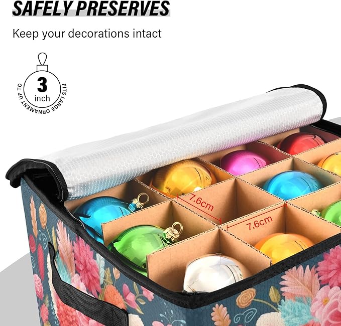 Kigai Alpaca Christmas Ornament Storage Box with Zipper & Adjustable Dividers Holiday Ornament Organizer Xmas Storage Container, 64 Balls