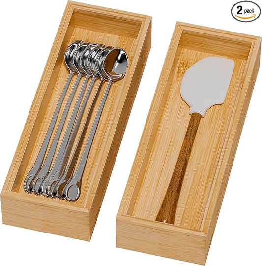 Lixple Bamboo Drawer Organizer for Kitchen Utensils, 2 Pack Stackable Cutlery Trays, Fits 1/2" Knives and Silverware, 10" x 3.5" x 2" (Outer), 9.3" x 2.8" x 1.3" (Inner)