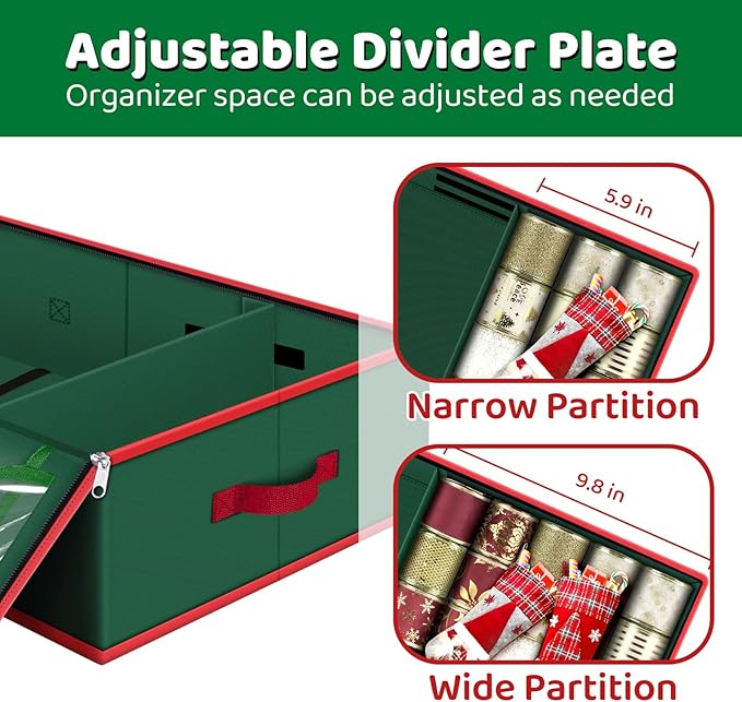 Fabspace Christmas Wrapping Paper Storage Containers, 40 Inch Gift Wrap Organizer, Visible Supplies Pockets for Xmas Accessories, Underbed Storage for Christmas Decorations, Green