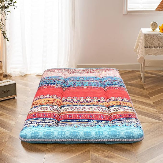 MAXYOYO Bohemian Floor Cot Mattress, Japanese Floor Mattress Narrow Twin Futon Single Mat for Adults, Foldable Futon Roll Up Mat for Camping