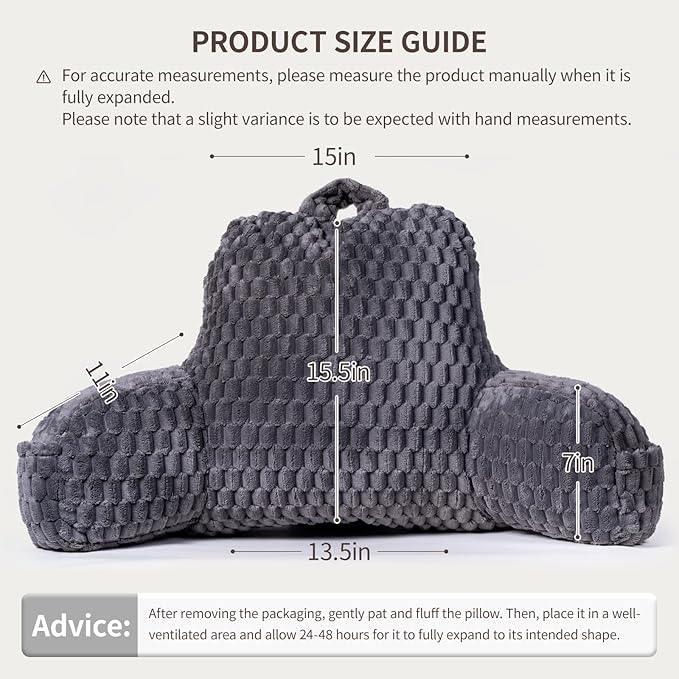 Faux Fur Reading Pillow for Bed Adults, Ultra Soft Plush Floor Backrest Pillow with Side Pockets for Bed & Couch, Perfect for Reading, Watching TV, Gaming, Relaxing, Gray