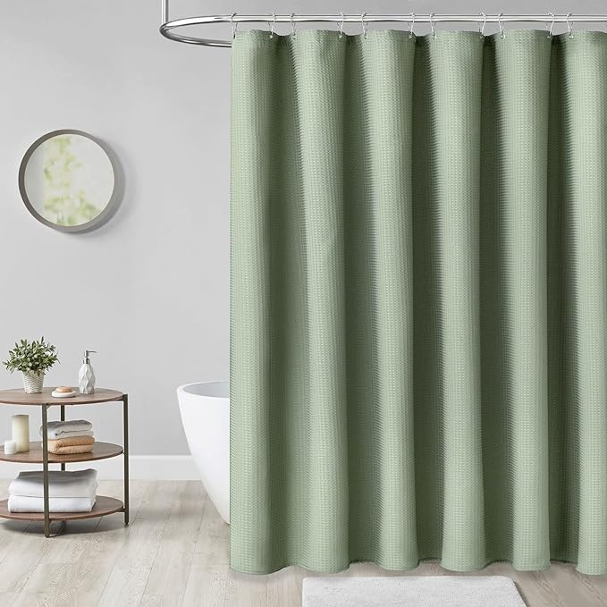 Dynamene Fabric Shower Curtain, Waffle Textured Heavy Duty Shower Curtains for Bathroom, 256GSM Luxury Weighted Cloth Shower Curtain Set with Plastic Hooks, 72" W x 96" L (Pack of 1), A. Sage Green