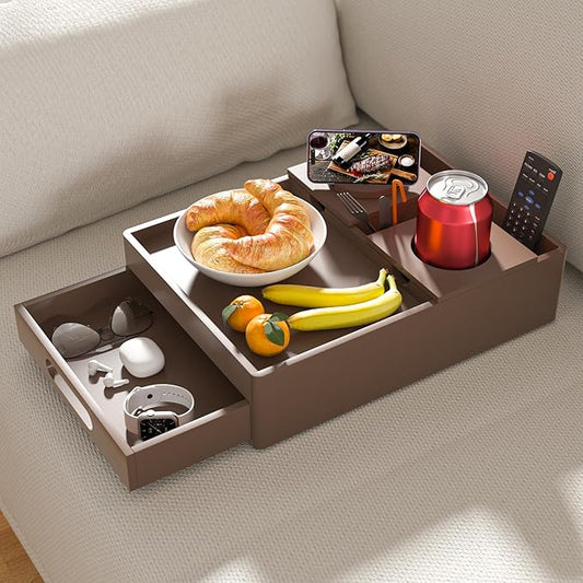 Couch Cup Holder Tray, 7-in-1 Couch Caddy Tray, Sofa Side Table with Push-Pull Drawer to Organize and Store Small Objects, 360°Swivel Phone Holder, for Drinks, Cups, Snacks, Remote（Chestnut）