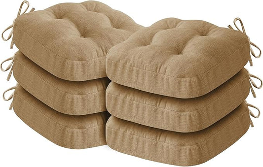 IASEAHK Chair Cushions for Dining Chairs, Dining Chair Cushions, Tufted Indoor Chair Pads with Ties & Non Slip Backing, Seat Cushions for Kitchen Chairs 16.5” x 16.5” x 3.5”, Set of 6, Khaki
