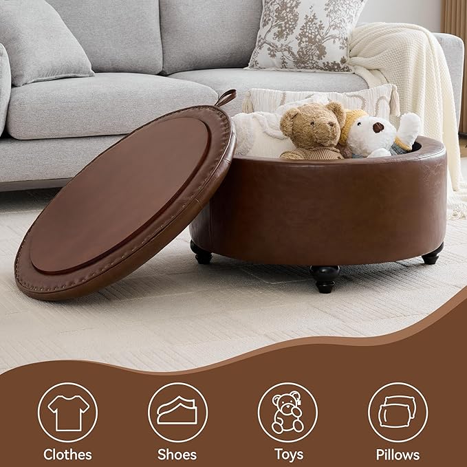 WUTUTUEE 30Inch Round Storage Ottoman with Tray, Modern Tufted Leather Circle Coffee Table with Storage, Upholstered Ottoman with Removable Top for Living Room, Bedroom, Leather Coffee