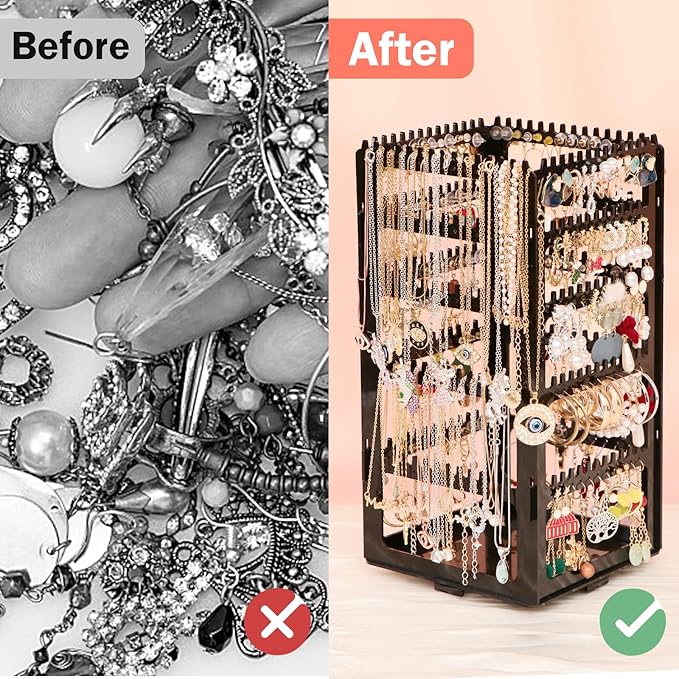 17Dec 360 Rotating Earring Holder Organizer Stand,5 Tiers Acrylic Jewelry Organizers and Storage,Stud Earring Organizers and Storage,212 Holes and 212 Grooves for Earrings Necklaces chain bracelet