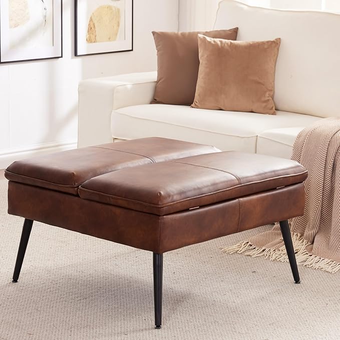 Square Ottoman with Storage, Large Oversized Ottoman Coffee Table, Double Flipping Lid & Mid-Century Modern & Faux Leather Style, Loads 660 lb, for Living Room, Bedroom, Entryway, Retro Brown