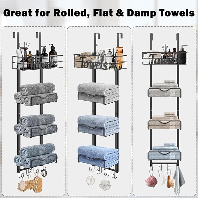 HarJue Over The Door Towel Racks, No Drill Towel Storage with Basket & Hooks, Space-Saving Multi-Functional Towel Holder for Bathrooms, bedrooms, Apartments, RVs (Matte Black, 5 Tier)