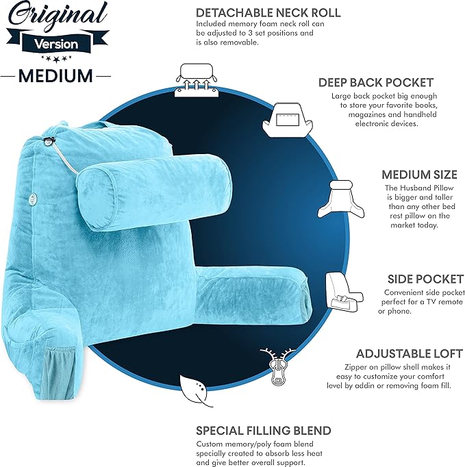 Husband Pillow Medium Reading Pillow with Arms - 23" Backrest for Sitting Up in Bed - Firm Support Bed Rest Pillow for Adults, Neck Roll, Removable Cover - TV, Reading, Lounging - Carolina Blue