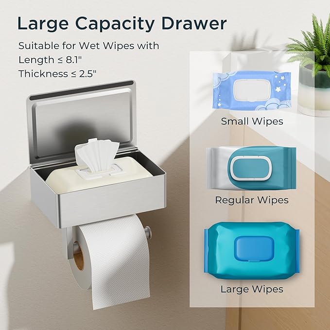 FORIOUS Toilet Paper Holder with Shelf, Sanitary Napkin Receptacle Tampon Holder, Wall Mount Toilet Paper Holder with Storage, Flushable Wipes Dispenser Fits for Bathroom Commercial(1, Brushed Nickel)