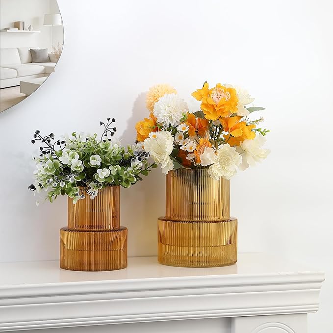 Ribbed Glass Vases for Bouquet, Set of 2 Amber Vases for Flowers, Amber Glass Vase for Tulips, Modern Vase for Living Room, Office, Coffe Table, Dining Table, Shelf, Wedding
