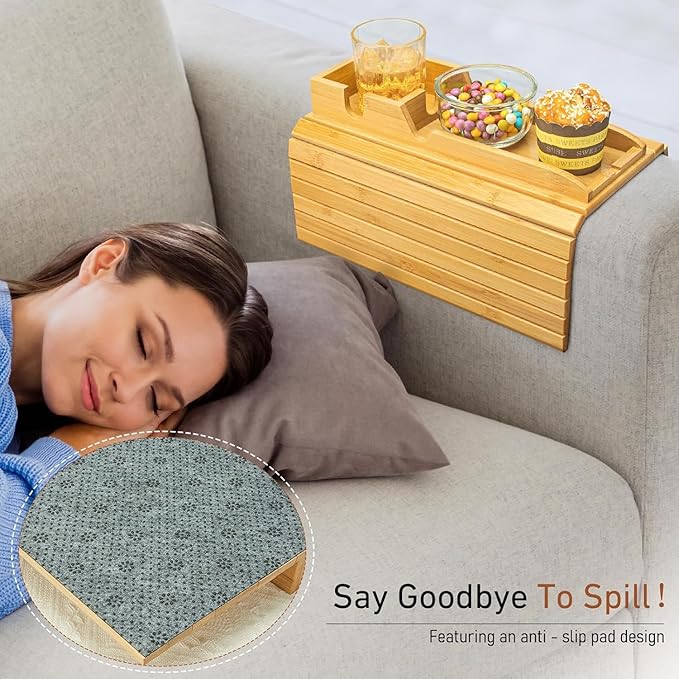Yoshiky Bamboo Couch Armrest Table, Couch Arm Tray with Removable Couch Cup Holder, 2 in 1 Design Foldable Anti-Slip Bamboo Couch Tray and Sofa Cup Holder for Drink