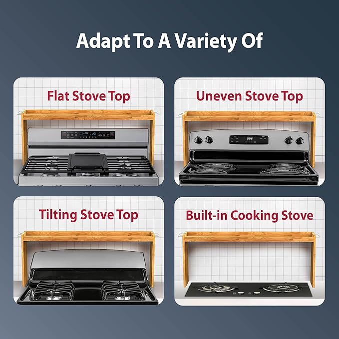 IIIOIIIA Bamboo Over the Stove Spice Shelf for Kitchen, 31.5" Spice Rack Organizer Shelf with 6 hooks, 11.4" Height Extra Storage Countertop, Easy to Assemble
