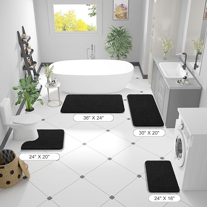 OLANLY Large Bathroom Rugs 50x30, Extra Soft Absorbent Chenille Bath Rugs, Rubber Backing Quick Dry, Machine Washable Bath Mats for Bathroom Floor, Tub and Shower, Home Decor Accessories, Black