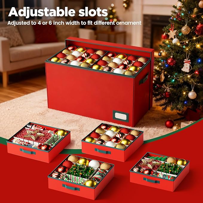 Christmas Ornament Storage Box-Hold 128 Ornaments, Xmas Ornament Organizer Storage box with Lid and Adjustable Dividers, Extra Large Holiday decorations Storage Container with Individual Trays, Red