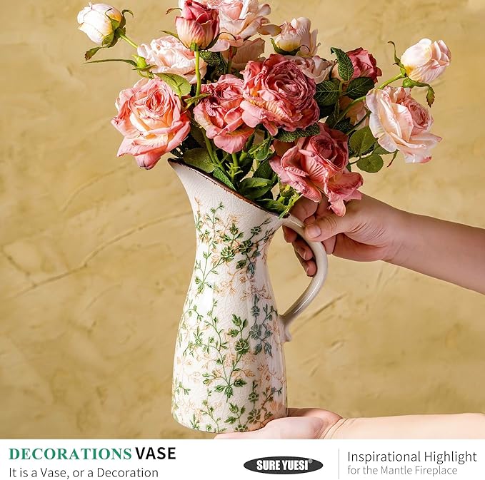 for Mom from Daughter or Son, Vintage Ceramic Pitcher Vase with Handle 10.5”, Green Farmhouse Floral Vase, Chinoiserie Rustic Decor for Living Room, Bookshelf, Office