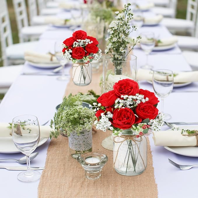Zeyune 12 Sets Mason Jar Centerpiece Table Decorations, Artificial Peony Baby's Breath Flower Bouquets, Faux Flowers with Vase, Rustic Decor Gifts for Home, Wedding, Holiday (Red)