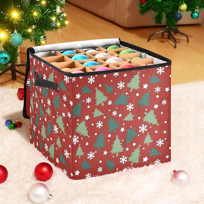 Snowflake Christmas Ornament Storage Basket Box Red Buffalo Plaid Winter Holiday Storage Container Cube with Adjustable Dividers for 64 Holiday Ornaments or Decorations Keeps Clean and Dry