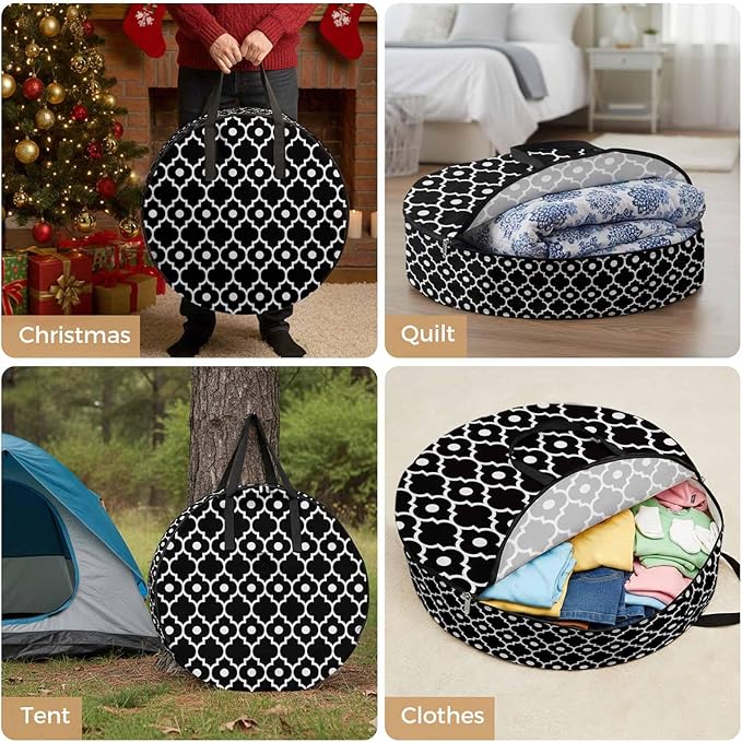Storage Bag Retro Moroccan Design Round Storage Totes Bins Closet Organizers with Zippers & Handle Black Geometric Pattern Clothes Storage Container for Bedroom Dorm Space Saving Packing Supplies Bags